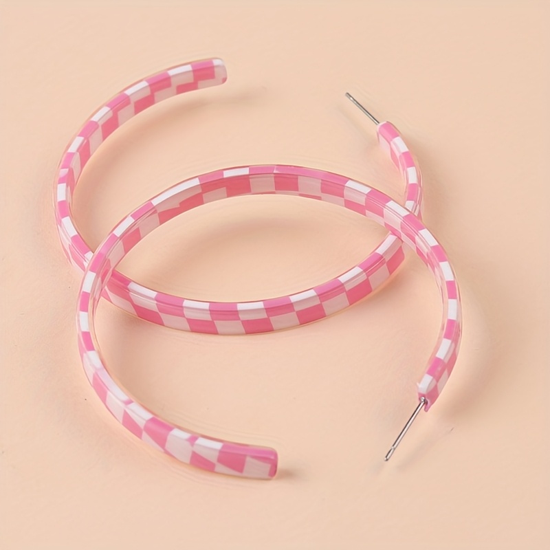 Women's Large Acrylic Checkerboard C-Shaped Hoop Earrings